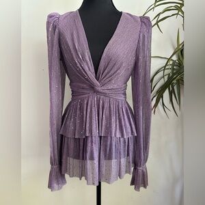 Sabina Musayev Felicie mini metallic pleated long sleeve purple glitter top xs